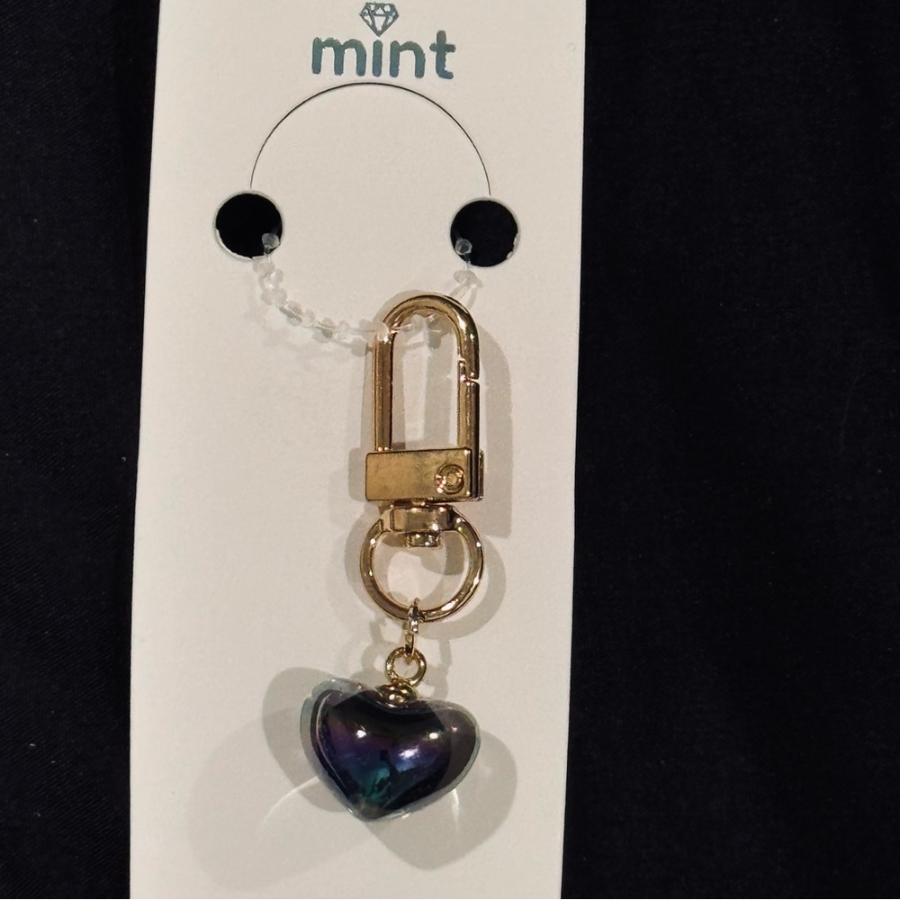 BAG CHARM Mint Gold and Iridescent Green Purple Heart Keychain Zipper Pull